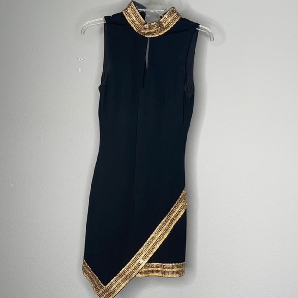STUNNING BEBE Black Dress Gold Trim Mock Neck Sleeveless Asymmetrical